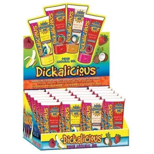 Dickalicious 24-piece tube display, colorful printed cardboard stand with multiple tubes
