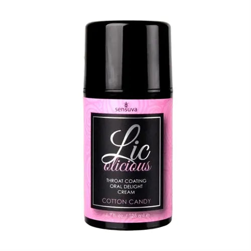 Throat coating oral cream bottle with pink Cotton Candy label and black cap