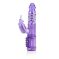 Purple rabbit-style massager with textured rings and curved shaft