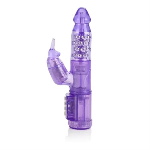 Purple rabbit-style massager with textured rings and curved shaft