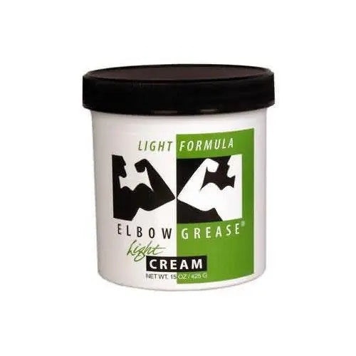 Light formula elbow grease cream jar with black lid, white container, green and black label