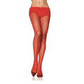 Red fishnet pantyhose with open-weave diamond pattern and sheer legs