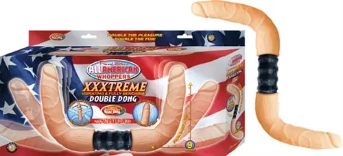 Flesh-colored double vibrating, fully bendable dong in retail box