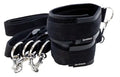 Black fabric sports cuffs set with metal rings and attached tethers, adjustable loops