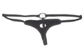 Black velvet strap-on bikini thong with central oval cutout and adjustable ring buckle