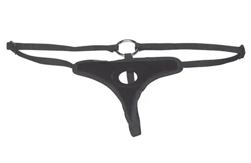 Black velvet strap-on bikini thong with central oval cutout and adjustable ring buckle