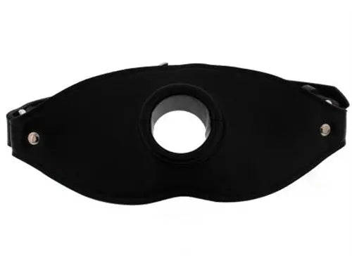 Black locking open-mouth gag with circular mouth opening and side fasteners
