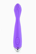 Purple g-spot vibrator with oval button on handle and rounded base