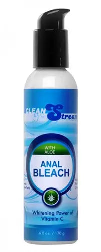 Anal bleach bottle with vitamin C and aloe, blue liquid, black pump cap