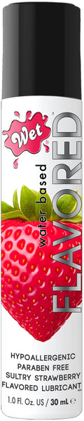 Water-based strawberry flavored lubricant bottle with black cap, red strawberry label