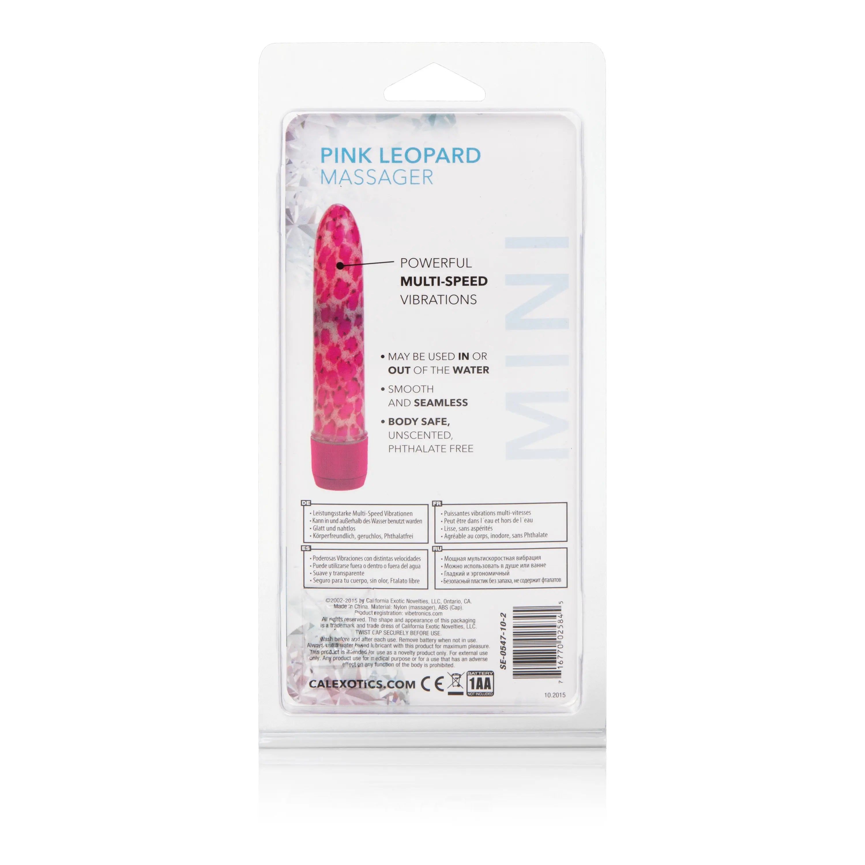 Pink leopard mini massager in clear blister packaging