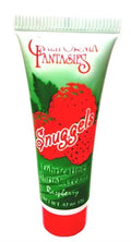 Snuggels lubricating shrink cream tube, raspberry flavor, green-and-red squeeze tube