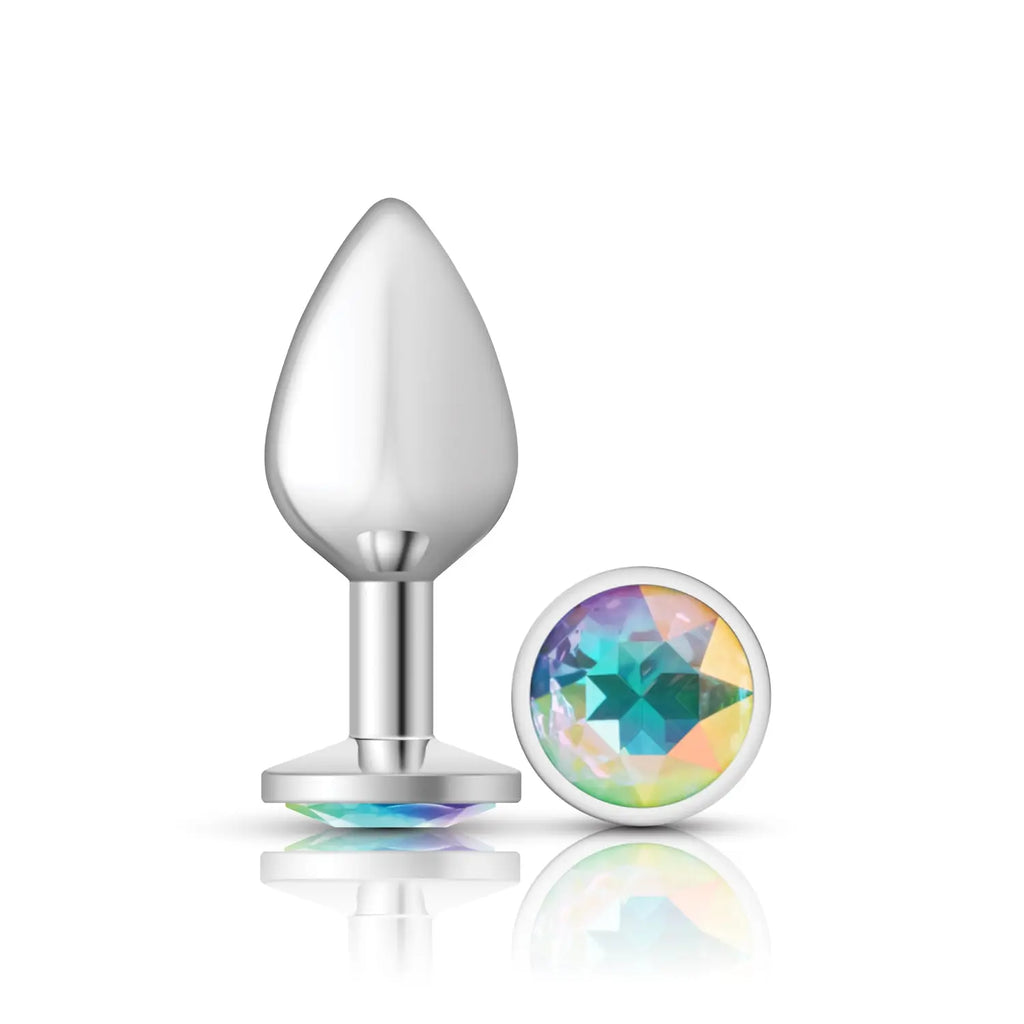Clear Iridescent Round Gem Silver Metal Plug - Md – body-safe materials fully waterproof | Fu'Cha Exotics