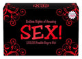 Sex! board game box, black with red swirls and large red “SEX!” lettering