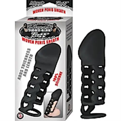Black woven penis sheath with multiple small openings, contoured fit