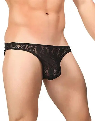 Black lace bikini bottom with stretch waistband and sheer back coverage