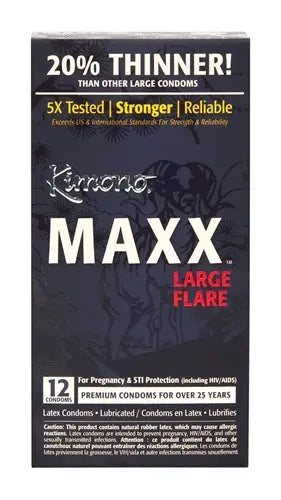 Maxx Large Flare condoms box, dark blue packaging with red and white text