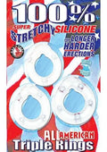 Clear triple silicone rings set with three blue-gel cups and center ring