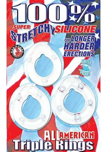 Clear triple silicone rings set with three blue-gel cups and center ring