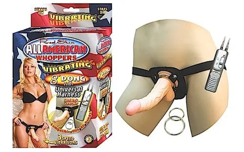 Vibrating 8-inch sex toy with light shaft and black universal harness and rings