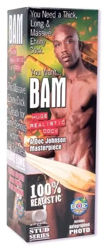 Realistic cock suction cup sex toy box with large BAM logo and product photo
