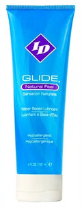 Water-based lubricant travel tube, blue with ID Glide logo and Natural Feel label