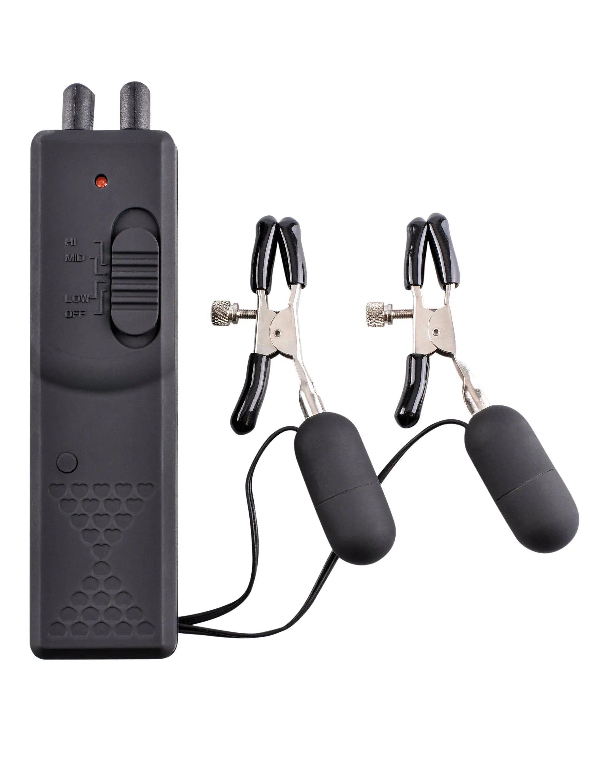 Vibrating nipple clamp set with control unit and two black clamps