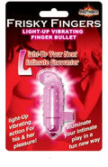 Magenta light-up vibrating finger toy with action bullet tip, in retail packaging