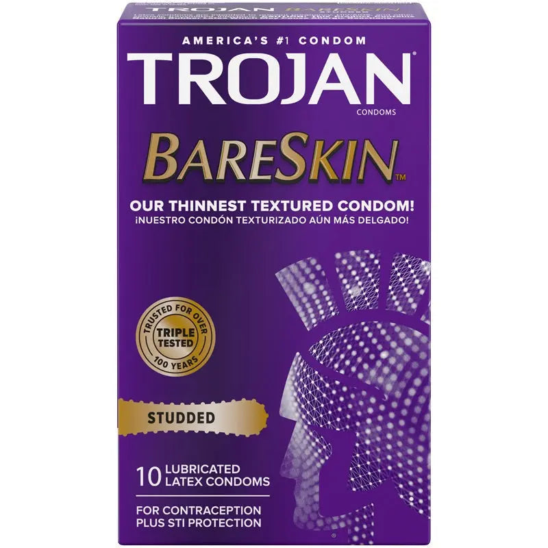 Trojan Bareskin studded latex condoms, 10-pack box, purple packaging
