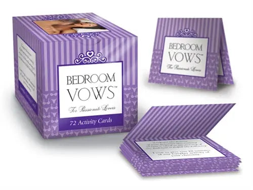 Bedroom Vows activity card set in purple striped box and stacked cards, 72 cards