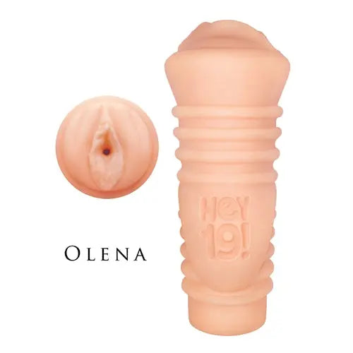 Flesh-toned silicone masturbator sleeve with ridged grip and logo, open end shown