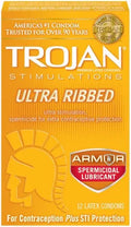 Trojan Ultra Ribbed spermicidal latex condoms, 12-pack box with branding