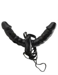 Black vibrating strap-on harness with two curved dildos and lace straps