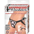 Black adjustable couple harness with pink accents and side rings