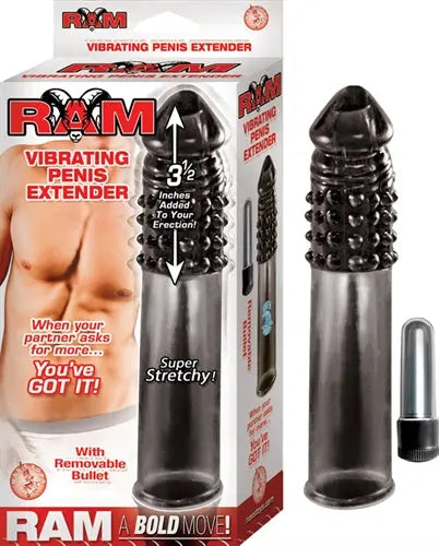 Vibrating penis extender, ridged dark smoke finish, with removable bullet.
