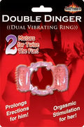 Dual vibrating ring, silver metal, shown on blister card