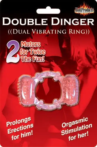 Dual vibrating ring, silver metal, shown on blister card