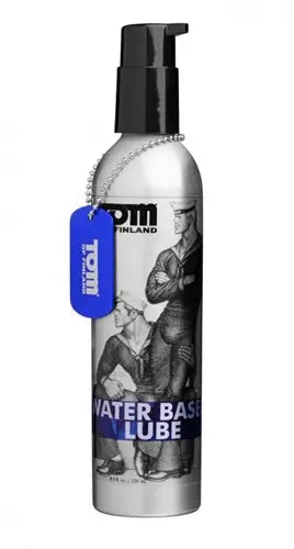 Water-based lube bottle with black pump, silver container and blue label