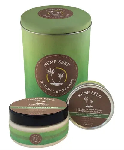 Green hemp seed holiday tin with matching lid and body care seal