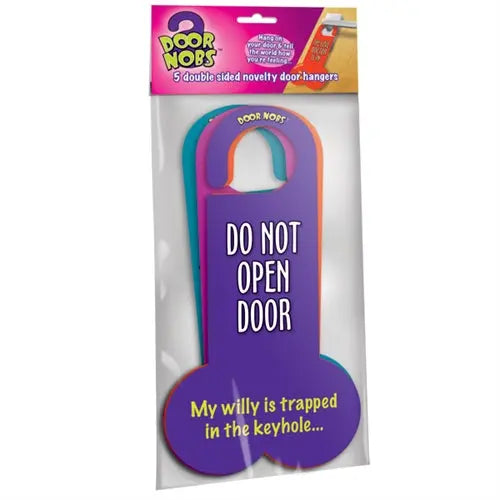 Door knob shaped door hanger, purple with teal handle and orange ring, Do not open door