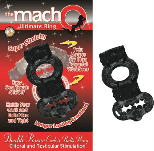 Black double power cock and balls ring set with textured stretch design