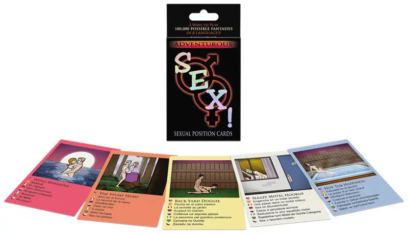 Sex position card game with open deck and instruction cards in pink, orange, blue
