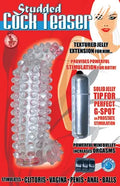 Clear studded cock teaser with textured jelly extension and mini bullet tip