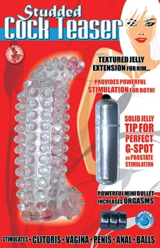 Clear studded cock teaser with textured jelly extension and mini bullet tip