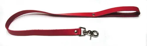 Red leather dog leash with metal clasp and swivel ring