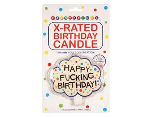 Novelty birthday candle in package, 'X-RATED BIRTHDAY' text