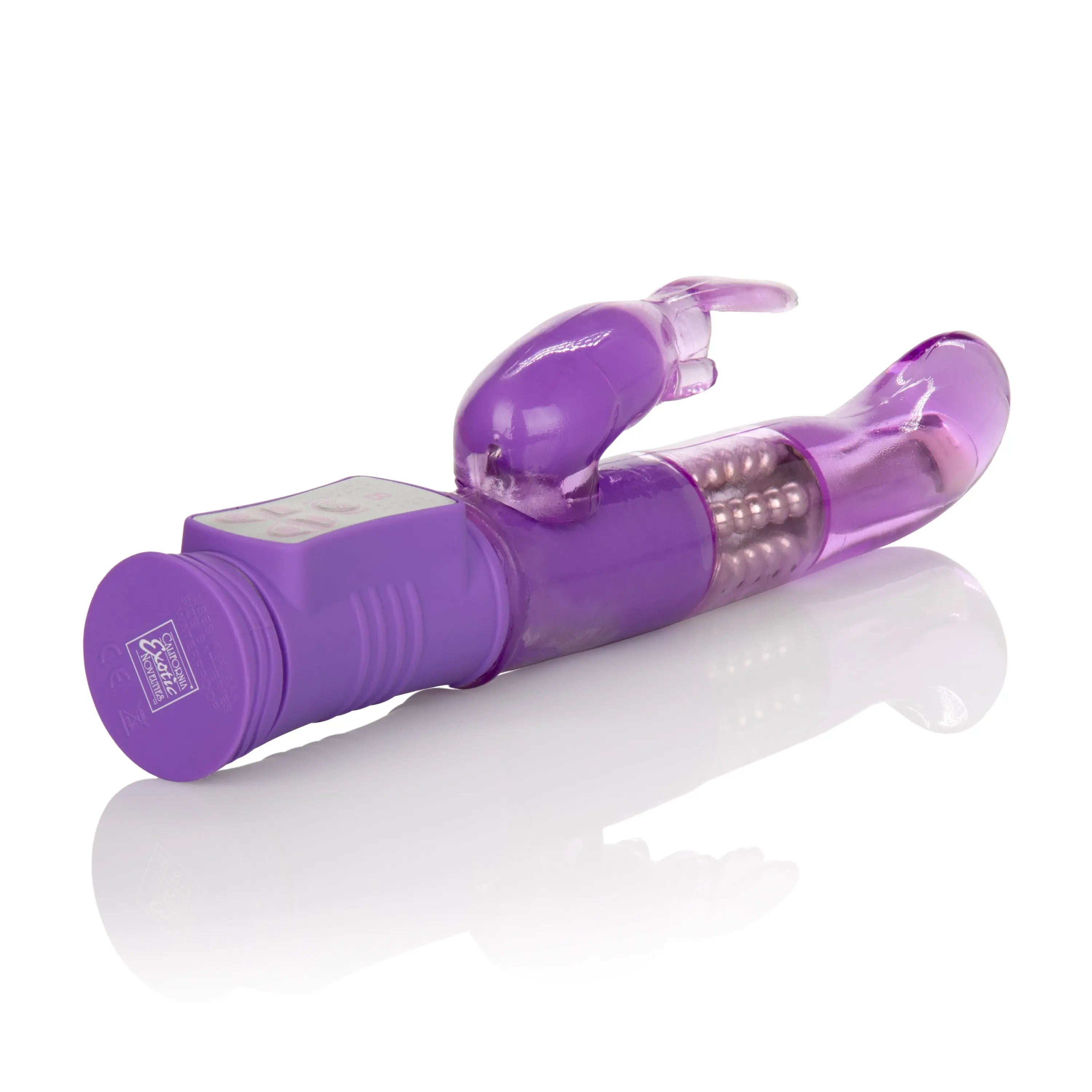 Purple jackrabbit-style massager with curved handles and ridged grip