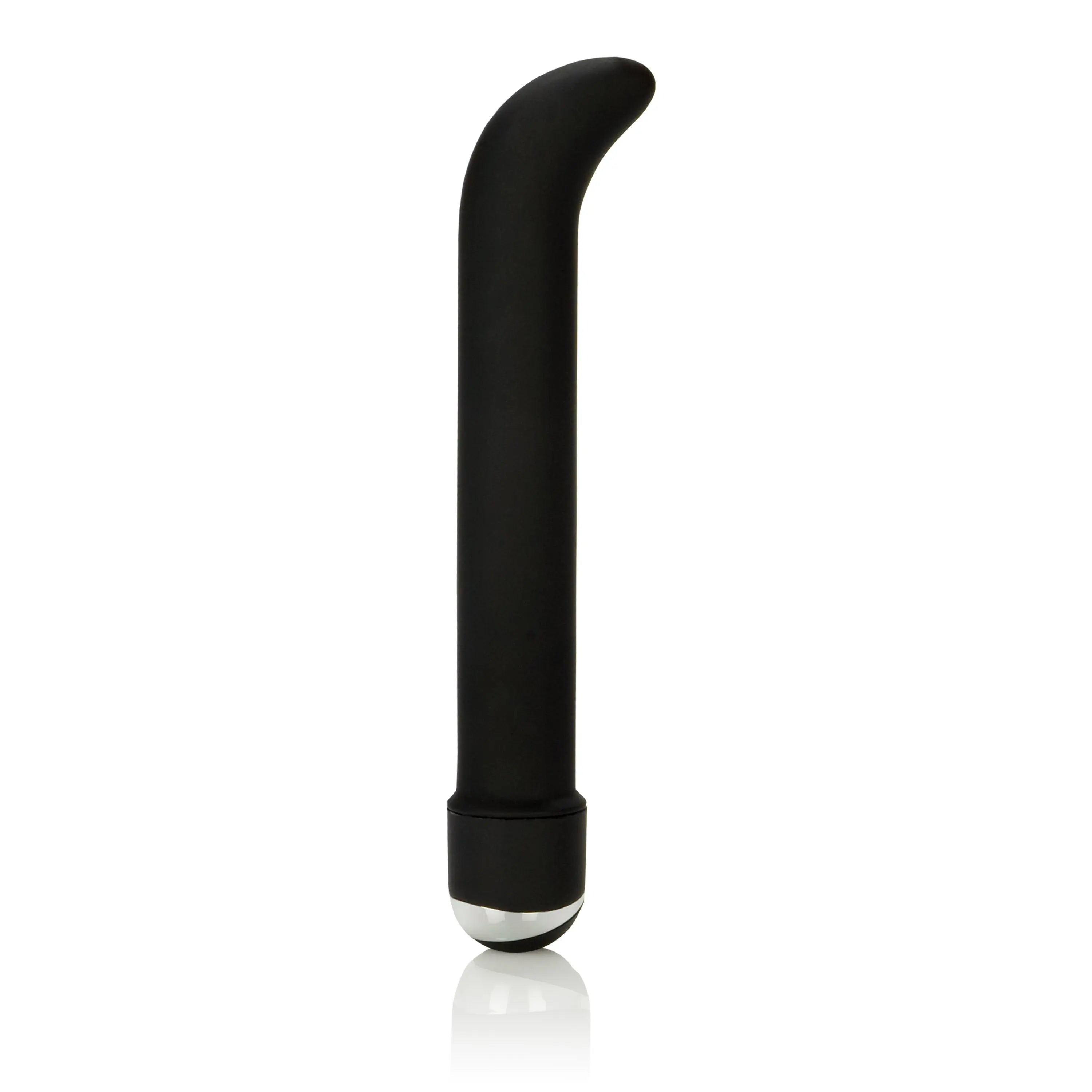 Black curved silicone massager with silver contact base