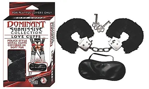 Black handcuffs with matching blindfold, novelty accessory set