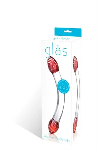 Glass sex toy dildo with clear handle and red translucent shaft, in retail box